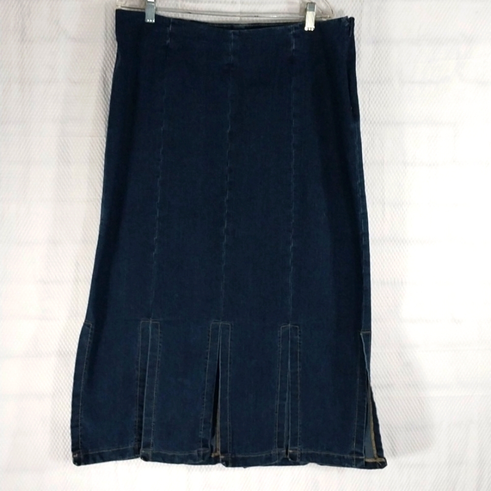 Ashro Denim Jean Midi Skirt w Sewn Seam Slits Sz 16